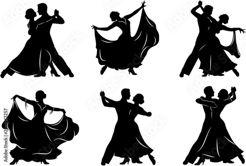 Collection of black and white vector silhouettes featuring elegant ballroom dancers in various graceful poses for classic dance studio designs.