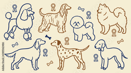 Collection of purebred dog breeds and competition awards for veterinary clinic branding and pet show promotional materials