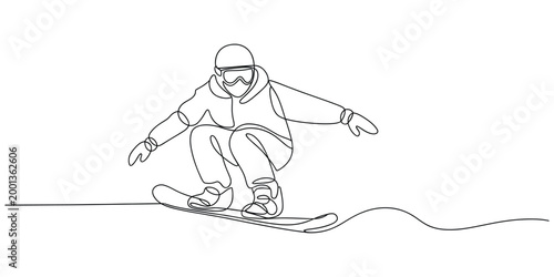 Continuous single line drawing of a snowboarder in action