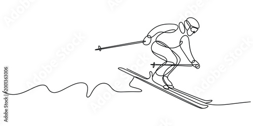 Continuous one line drawing of a person skiing downhill