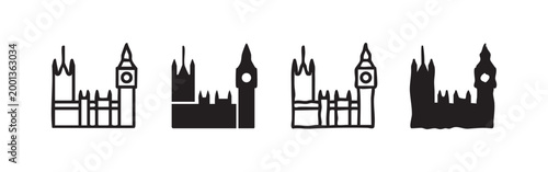 Set of hand-drawn outline and filled Big Ben icons