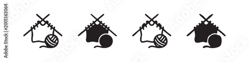 Set of hand-drawn outline and filled knitting icons with yarn