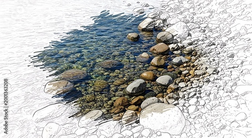 Clear water flowing over smooth river stones and pebbles on a rocky shoreline