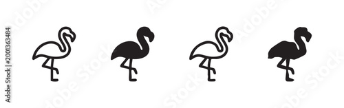 Icon set: flamingoes in black and white outlines and silhouettes