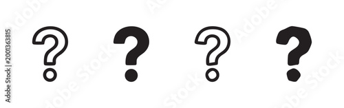 Set of four hand-drawn question mark icons, two outlines, two solid black, on white background