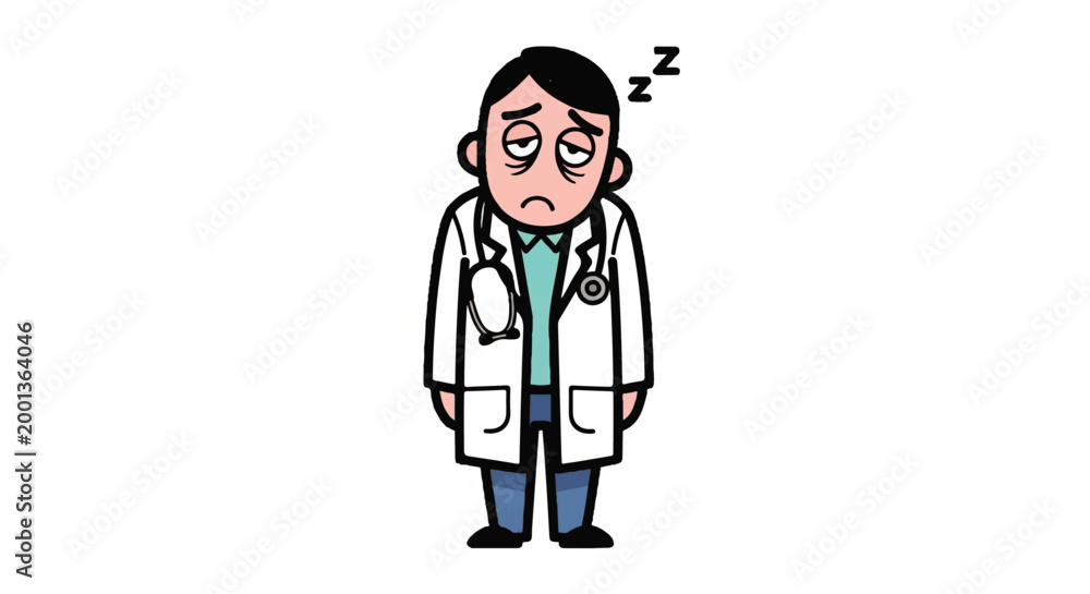 Fototapeta premium A sleepy doctor with messy hair holding a stethoscope looks tired.