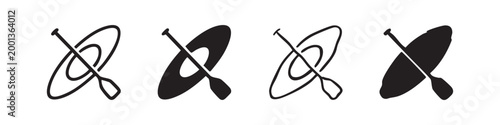 Set of four kayak and paddle icons in black and white styles