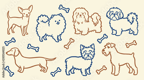 Collection of diverse small dog breeds and bone icons for pet care branding and veterinary clinic promotional materials
