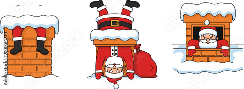 Santa Claus stuck in chimney cartoon set funny Christmas character holiday scene vector illustration