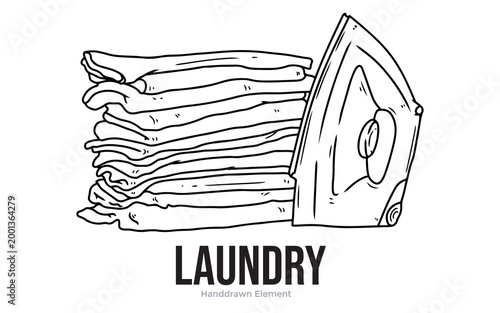 Vector hand drawn image of neat laundry with pile of clothes and iron