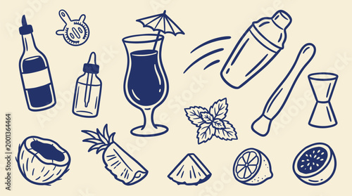 Professional mixology equipment and tropical ingredients for cocktail preparation and bar service menu design