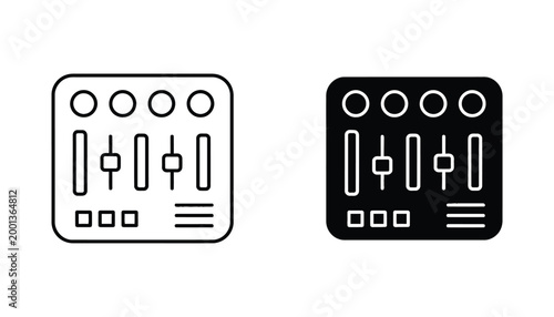 Audio mixer control interface icon with sliders and knobs in outline and solid black style for music production or broadcasting software graphics