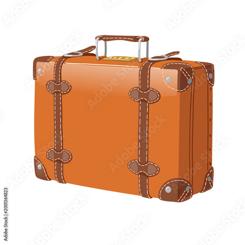 Bright orange suitcase with brown straps and handles placed on a simple surface ready for travel or adventure