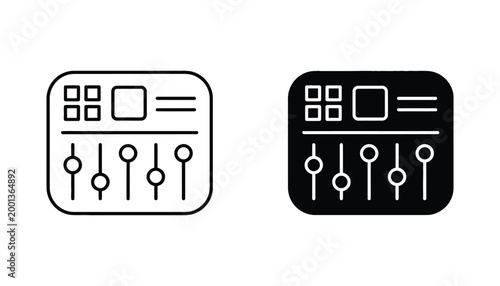 Digital control interface icon set featuring slider adjustments and data display panel in minimalist flat line and solid style for modern user experience design projects