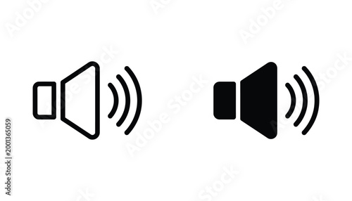 Audio sound volume level icons set with speaker symbol and signal waves in outline and solid black style for interface design and digital media controls