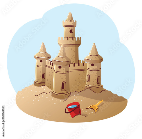 Building a sand castle with buckets and shovels at the beach on a sunny day during summer vacation