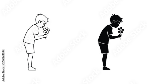 Little boy smelling a blooming flower icon set showing child with nature in outline and solid black style for educational or environmental design