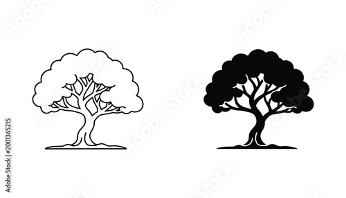 Deciduous tree with thick canopy icon set in black and white minimalist vector line art and solid silhouette style
