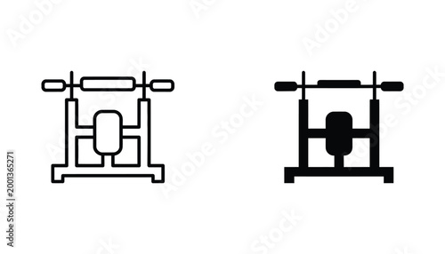 Gym exercise equipment bench press machine icon set in minimalist line and solid black style for fitness app UI design