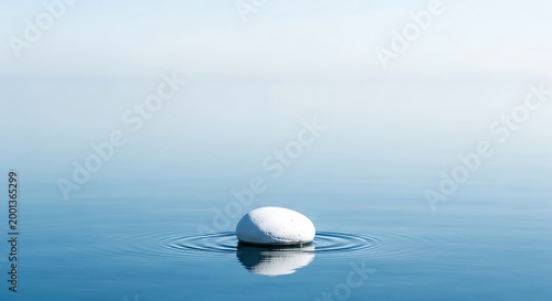 A single smooth white stone resting on the calm surface of a blue lake, creating gentle concentric ripples in the water