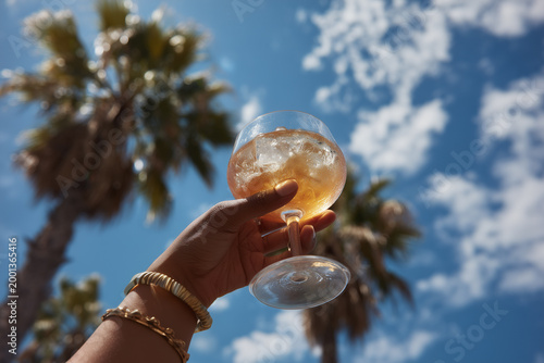 Cocktail glass in hand on a tropical beach. Beach party, beach relaxation, vacation.