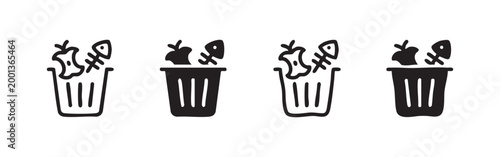Four different trash can icons with garbage on white background