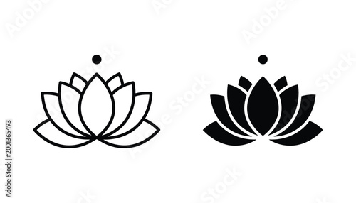 Lotus flower icon set in outline and solid style for yoga and meditation wellness concepts