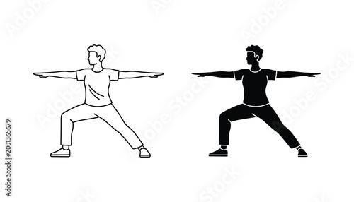 Man doing yoga warrior pose vector icon set for wellness