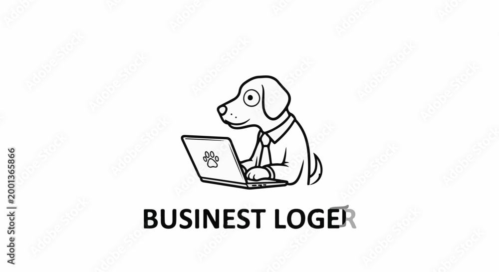 Obraz premium Cartoon dog in shirt and tie using a laptop with paw print