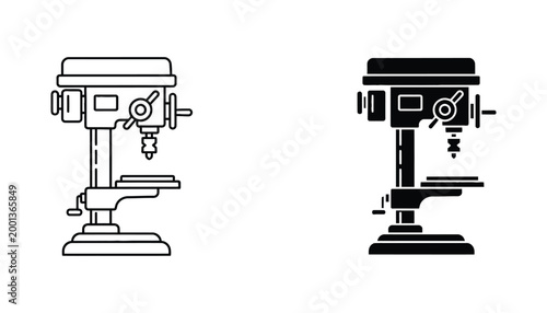 Tableau sur toile Industrial drill press machine silhouette and outline icon set for manufacturing
