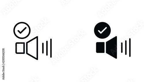 Speaker icon with sound waves and checkmark indicating confirmed audio volume settings vector illustration