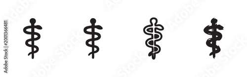 Rod of Asclepius icons, outline and filled, clean and sketched styles