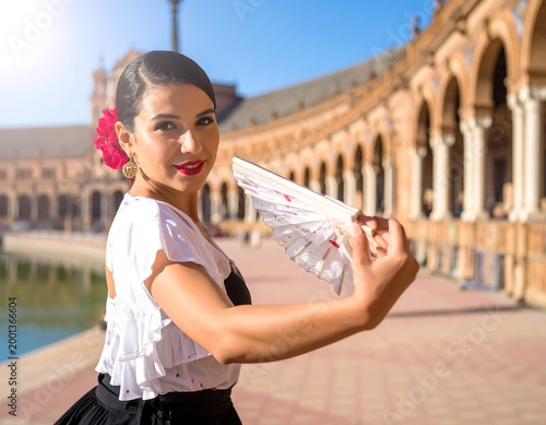 Woman in traditional attire poses with a fan outdoors