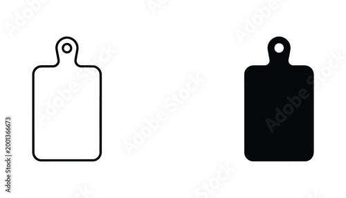 Minimalist kitchen cutting board icon set featuring outline and solid black silhouette styles for culinary design projects and food preparation branding elements isolated on clean white background