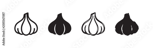 Set of Garlic Icons: Two Line Art, Two Solid Black Silhouettes