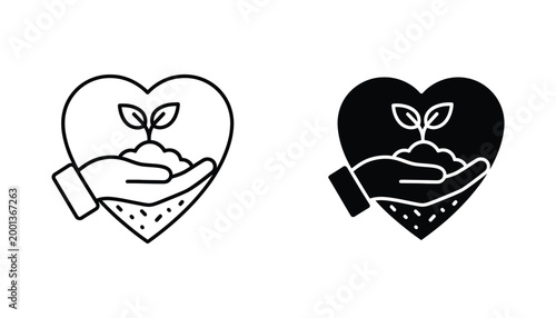 Heart shaped outline and solid black icon depicting a nurturing hand holding a growing plant sprout