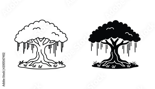 Banyan tree icon set with hanging roots in outline and solid black vector style for nature forest environment and ecology concepts on white background