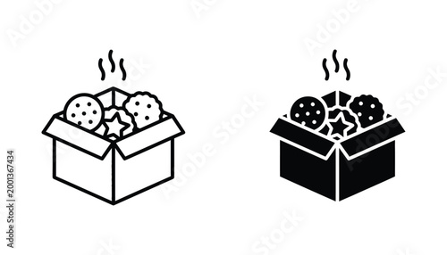 Vector illustration of a box filled with cookies and steam rising above representing fresh baked goods or a treat delivery service icon