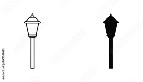 Classic street lamp post icon set in outline and solid black vector style for urban lighting night city and street design concepts on white background