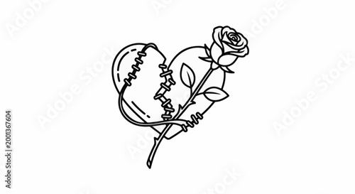 A stylized black and white line drawing of a stitched, broken heart with a rose