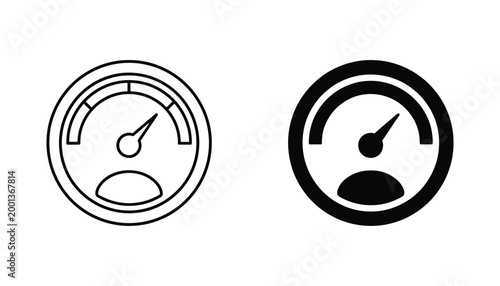 Speedometer gauge measurement icon set with outline and solid glyph styles for automotive performance and engine monitoring dashboard design isolated on white background
