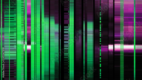 Dark abstract digital glitch background with distortion effect, colorful vertical streaks, bright dynamic strokes, green and purple color lines for design concepts, wallpapers, presentations, posters.