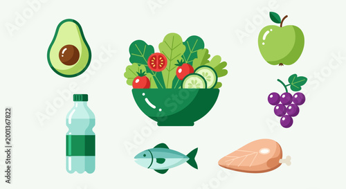 Fresh healthy food and drink items.