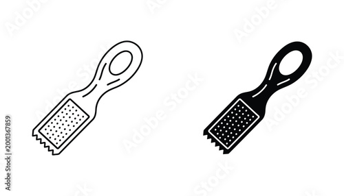 Kitchen grater tool icon set with outline and solid glyph styles for cooking utensil and culinary preparation design isolated on white background