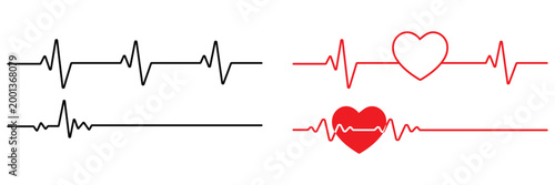 Heartbeat Line and ECG Pulse Icons Set – Cardiovascular Health Monitor, Medical EKG Symbol Vector Illustration in Black 
and Red on White Background