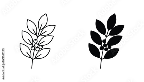 Sprig of holly berries with leaves vector illustration in outline and solid black silhouette for seasonal holiday decor and festive graphic design elements