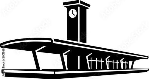 Modern Railway Station Platform and Clock Tower Vector Icon
