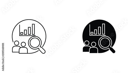 Business team analyzing market growth chart vector icon in outline and solid black silhouette for corporate presentation and financial report design