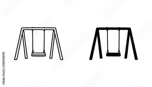 Playground swing set icon set featuring line art and solid black silhouette styles for park equipment and recreation design projects