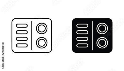 Kitchen stove burner hob icon set in linear and solid black variations for culinary appliances and home cooking interface design